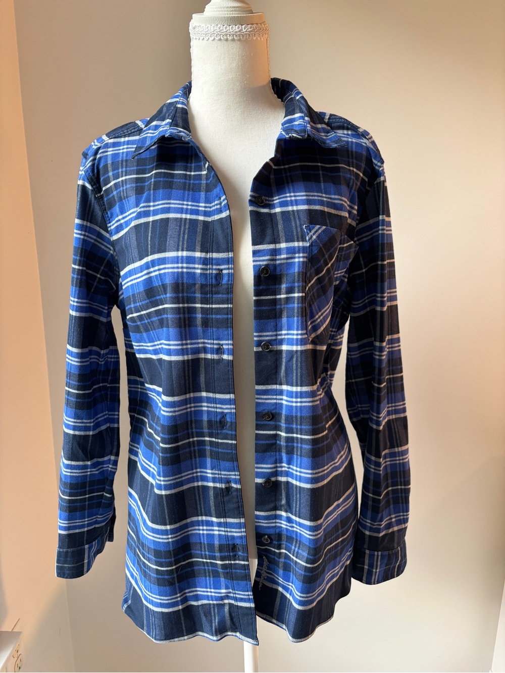 Eddie Bauer Blue and Black Plaid Button Down Shirt -Size L